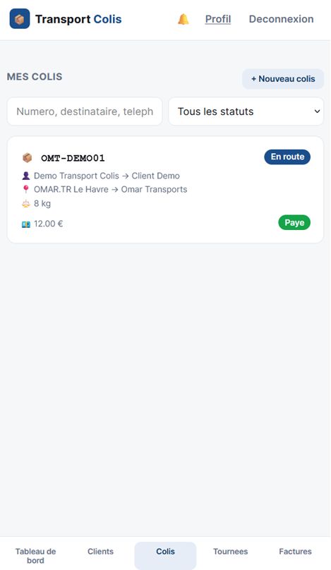 Apercu du logiciel Transport Colis : liste des colis avec statut, trajet et paiement
